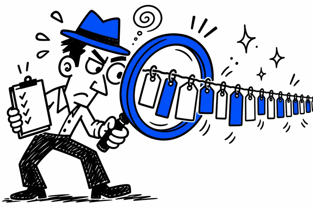 Character auditing a long chain of keyword tags with a giant magnifying glass