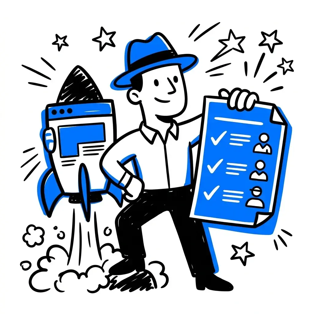 Illustration of a person holding a completed checklist next to a rocket launching a website